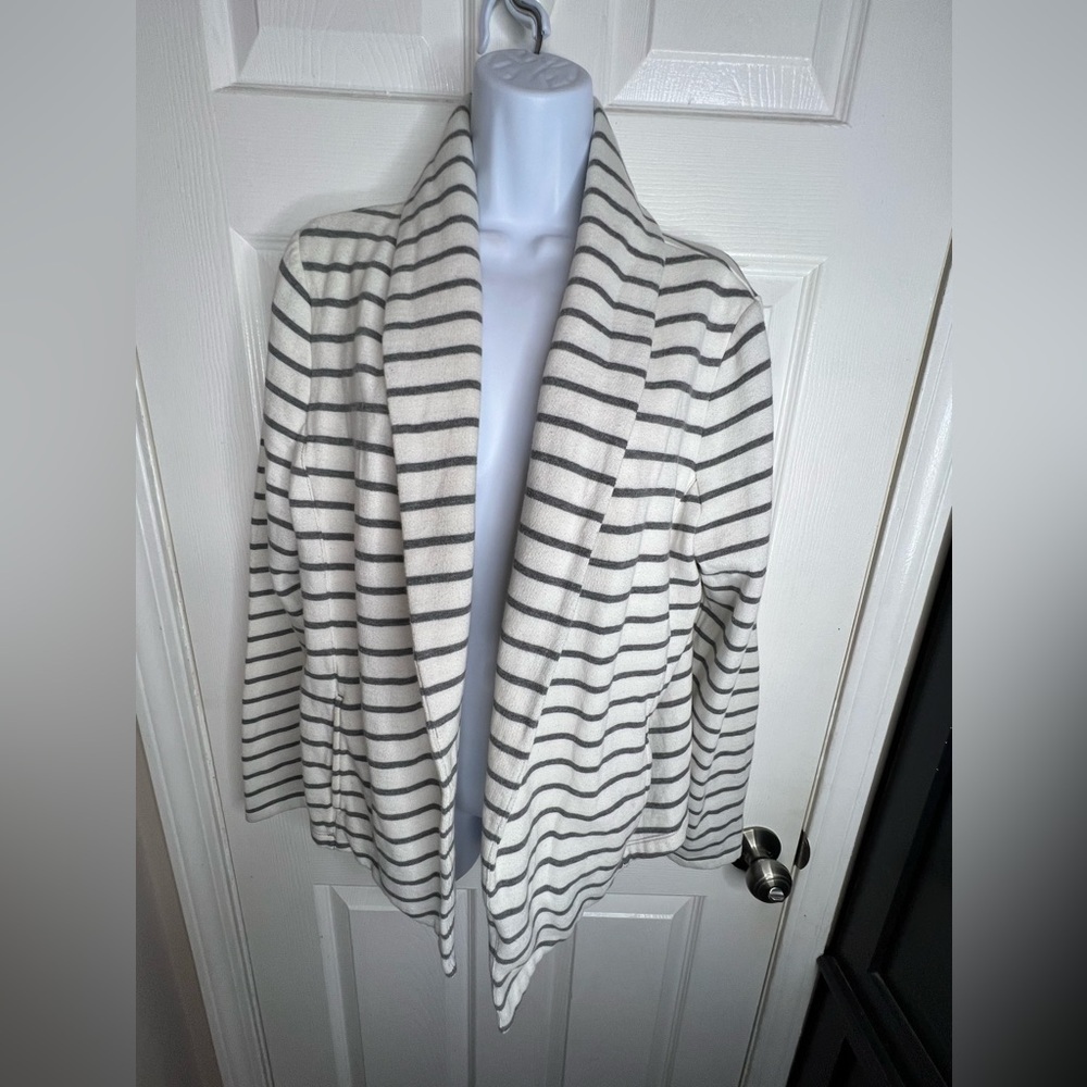 Lou & Grey Women’s Large Gray Stripe Sweatshirt Cardigan Sweater Top Jacket L